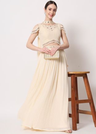 Beige Pleated Style Embroidered Lehenga Choli