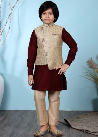 Maroon Readymade Kurta Pajama With Nehru Jacket