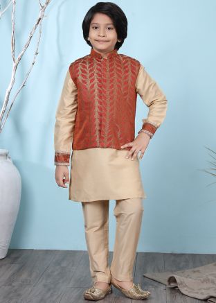 Beige Readymade Kurta Pyjama With Nehru Jacket