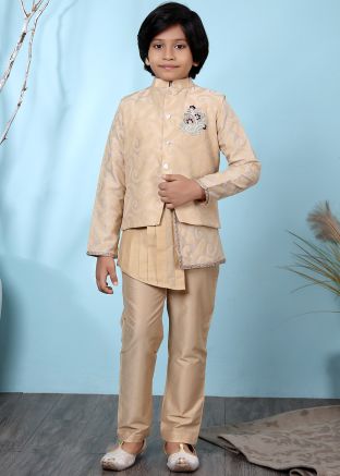 Cream Kids Readymade Asymmetric Kurta Pajama Set