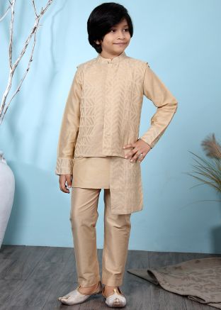 Kids Beige Readymade Art Silk Kurta Pyjama Set