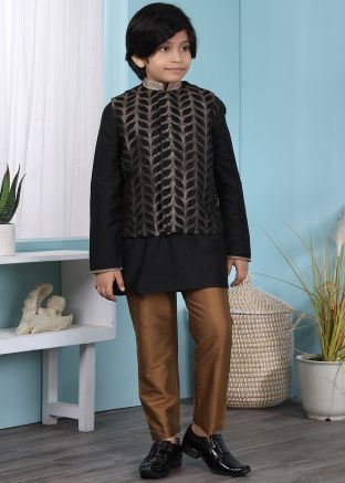 Black Readymade Kurta Pajama With Nehru Jacket