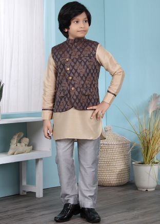 Readymade Beige Cotton Kurta Pyjama With Nehru Jacket