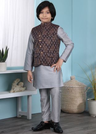 Readymade Grey Cotton Kurta Pajama With Nehru Jacket