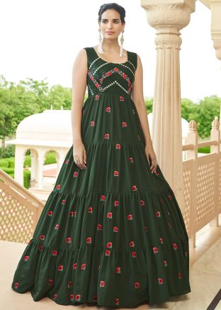 Readymade Green Embroidered Tiered Gown