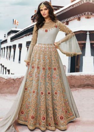 Buy Embroidered Slit Kurti Style Designer Grey Lehenga Online USA