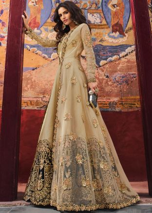 Beige Jacket Style Embroidered Salwar Kameez