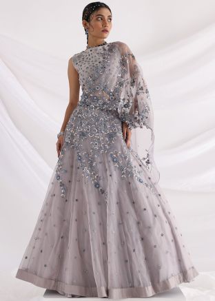 Grey Embroidered Contemporary Style Party Wear Designer Lehenga