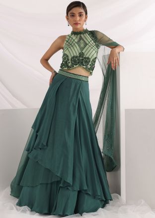 Green Embroidered One Sided Cape Lehenga Set