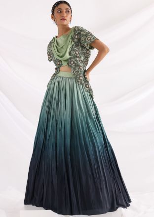 Shaded Green Embroidered Jacket Style Lehenga Choli