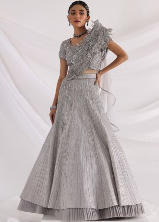 Grey Embroidered Lehenga Set & Detachable Dupatta