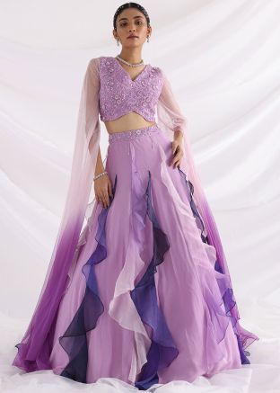 Purple Ruffled Embroidered Cape Style Lehenga Set
