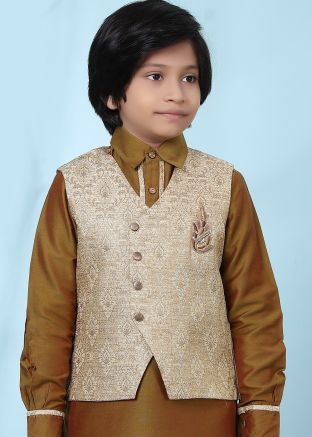 Beige Readymade Woven Nehru Jacket In Jacquard