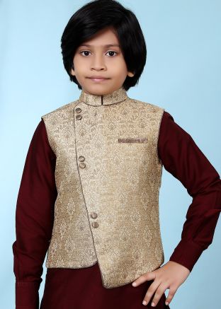 Readymade Beige Nehru Jacket In Angrakha Style