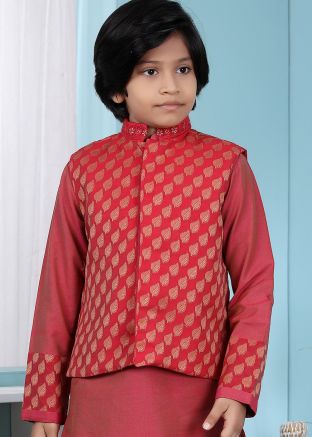 Red Readymade Nehru Jacket With Woven Work