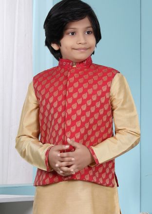 Woven Red Readymade Nehru Jacket In Chanderi