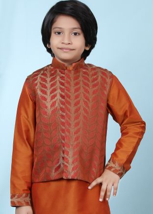 Readymade Orange Woven Nehru Jacket In Orange