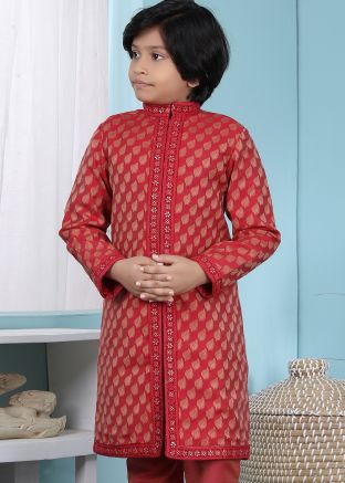 Embroidered Red Readymade Kids Sherwani Jacket