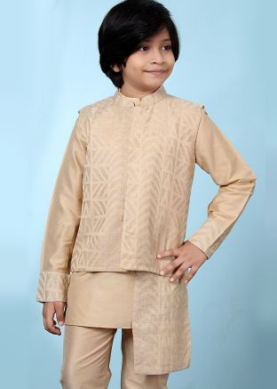 Readymade Asymmetric Beige Nehru Jacket In Silk