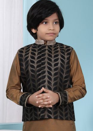 Black Woven Readymade Nehru Jacket In Silk