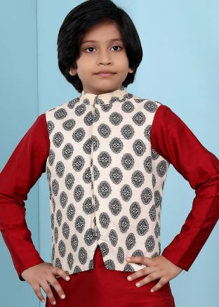 Readymade Printed Silk Nehru Jacket In Cream