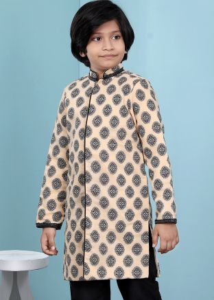 Printed Beige Readymade Sherwani Jacket In Silk