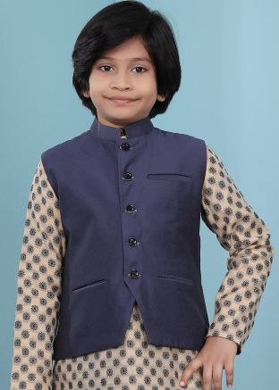 Plain Blue Readymade Nehru Jacket For Kids