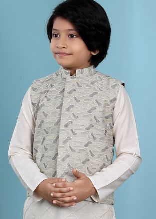 Grey Embroidered Readymade Nehru Jacket In Jacquard