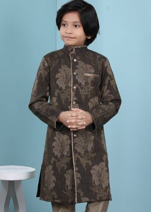 Brown Floral Readymade Sherwani Jacket In Silk