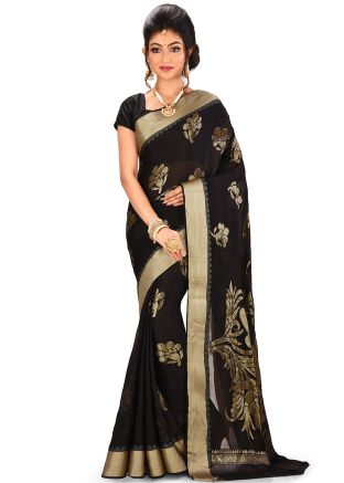 Black Floral Woven Pure Banarasi Silk Saree