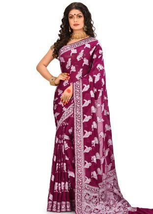 Magenta Woven Pure Banarasi Silk Saree With Blouse