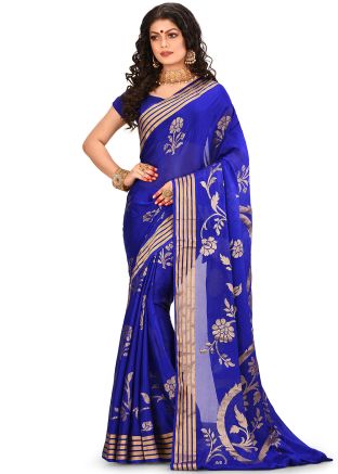 Blue Pure Banarasi Silk Floral Woven Saree