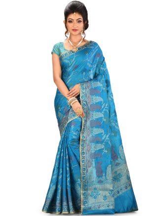 Blue Woven Pure Banarasi Silk Saree With Blouse