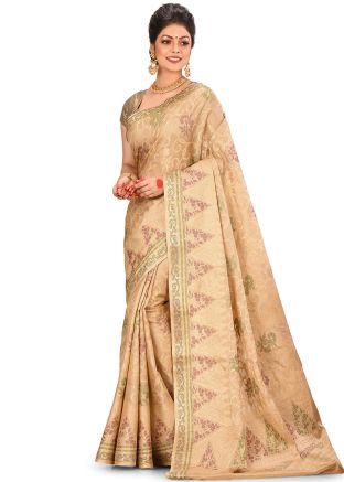 Beige Woven Pure Banarasi Silk Saree With Blouse