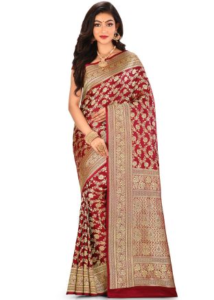 Maroon Woven Bridal Banarasi Silk Saree