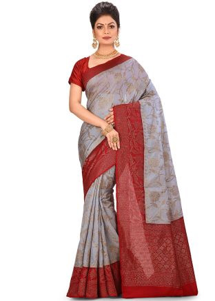 Grey Pure Banarasi Silk Woven Saree With Blouse