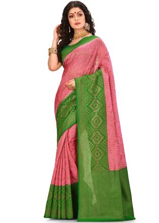 Peach Pure Banarasi Silk Woven Saree With Blouse