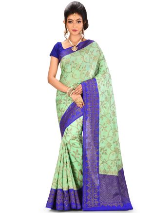 Green Floral Woven Pure Banarasi Silk Saree