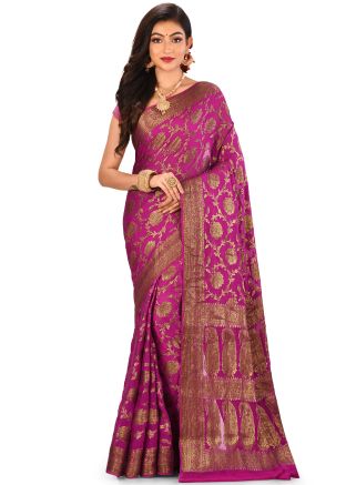 Pink Floral Woven Pure Banarasi Saree Online Shopping