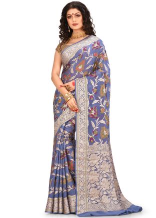 Purple Floral Woven Pure Banarasi Silk Saree