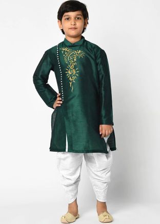 Readymade Green Kids Dhoti Kurta In Art Silk