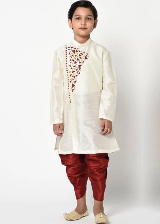 White Angrakha Style Kids Dhoti kurta In Art Silk