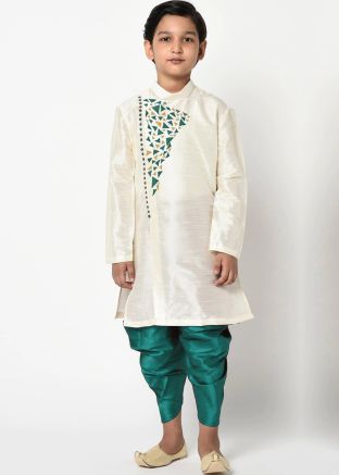 White Art Silk Dhoti Kurta For Kids