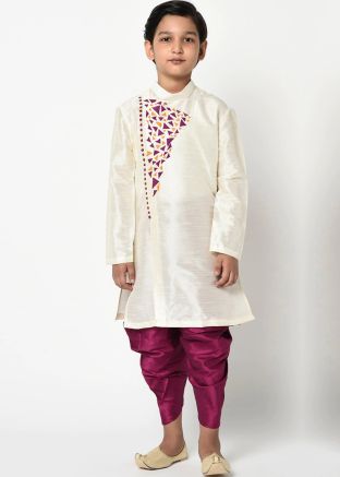 White Readymade Angrakha Style Kids Dhoti Kurta