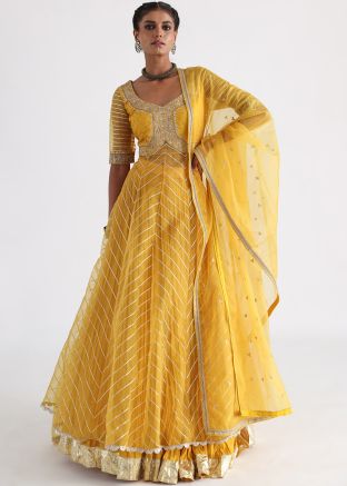Yellow Embroidered Organza Kuti Style Lehenga