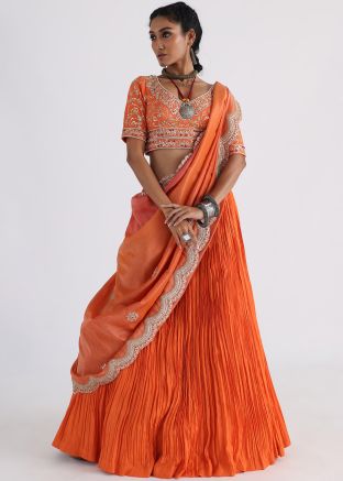 Orange Embroidered Lehenga Choli In Art Silk