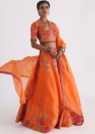 Orange Embroidered Lehenga Choli In Organza