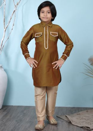 Brown Readymade Kids Kurta Pajama In Cotton
