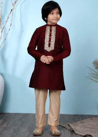 Readymade Maroon Cotton Kurta With Pajama