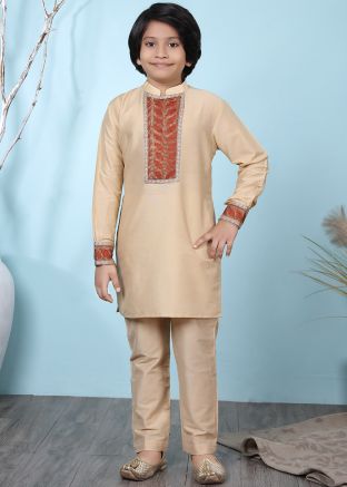 Beige Readymade Woven Kurta Pajama For Kids